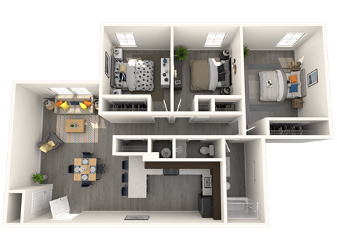 Floor plan for 3 beds, 1.5 baths, 984 sqft